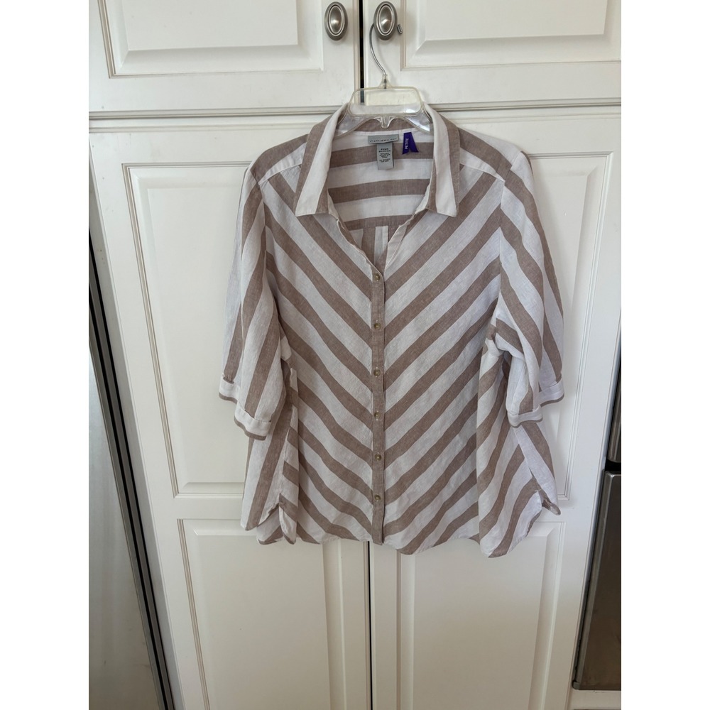 Catherines Petite Linen Blend Striped Button Front Blouse Tan White 2XWP 22/24WP